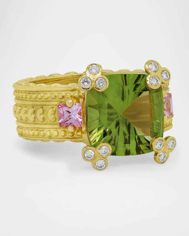 18K Yellow Gold Ring with Peridot, Pink Sapphires and Diamonds, Size 6